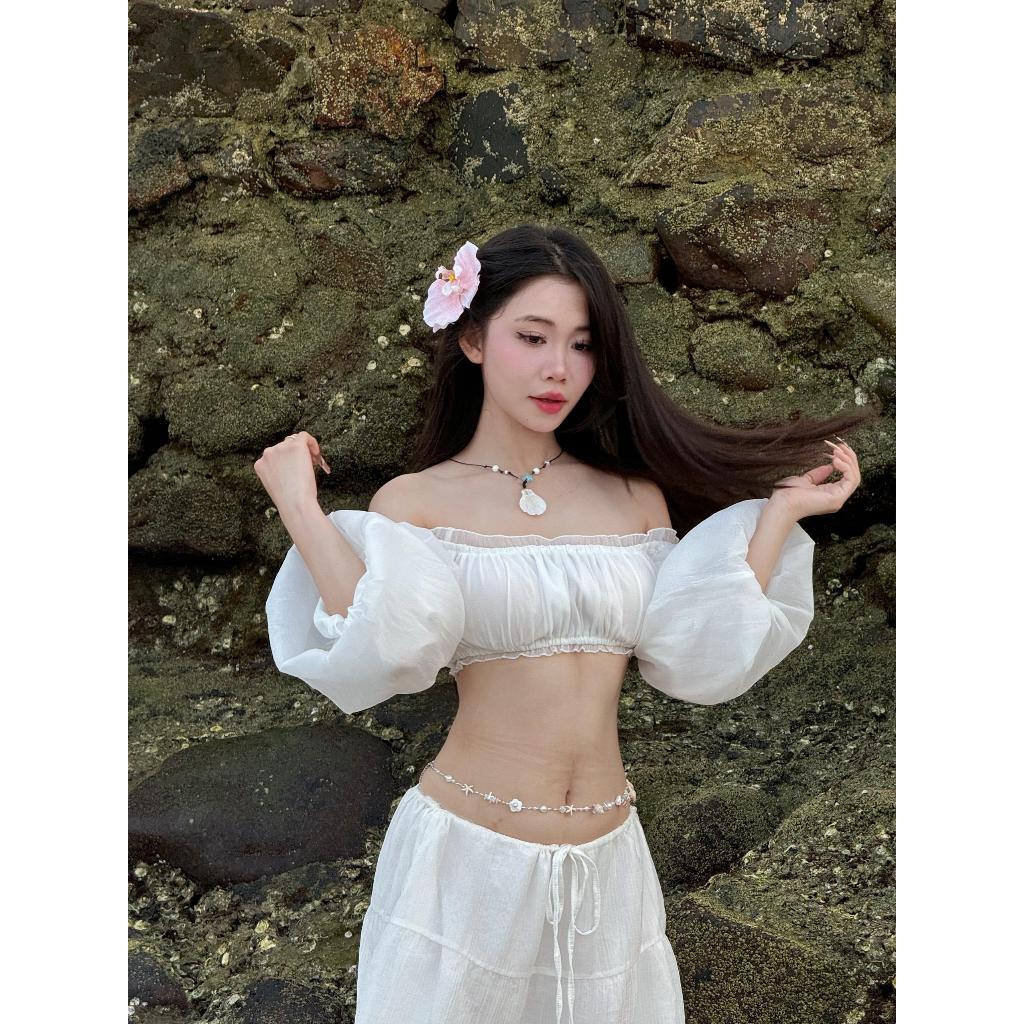 A19 - Áo Trễ Vai Tay Bồng Croptop Đi Biển Mùa Hè Phong Cách Bánh Bèo | BigBuy360 - bigbuy360.vn