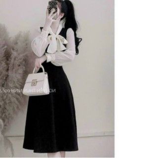 *Đầm xòe dài phối nơ thời trang nữ mặc đi dự tiệc chất liệu Umi phối tơ gân cổ tròn tay dài bo dễ thương