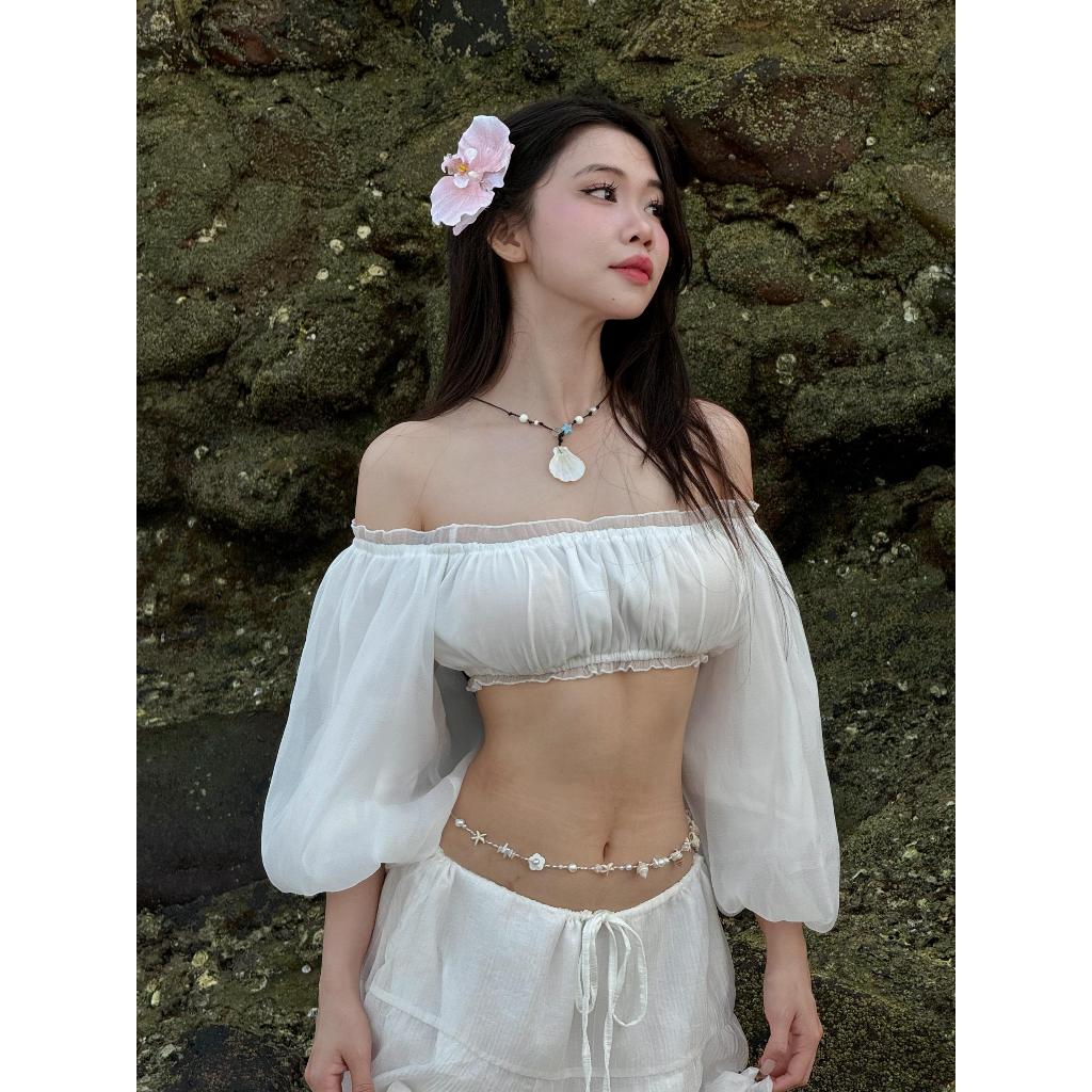 A19 - Áo Trễ Vai Tay Bồng Croptop Đi Biển Mùa Hè Phong Cách Bánh Bèo | BigBuy360 - bigbuy360.vn