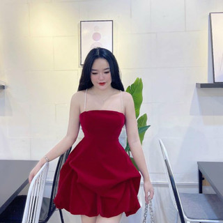 *Đầm hở lưng dây cườm chéo thời trang nữ mặc đi chơi chất liệu nhung cứng cườm vai có mút có lót ôm eo nơ sau