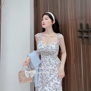 Đầm hoa 2 dây hở lưng thời trang nữ mặc đi dạo biển  chất liệu Lụa có mút ôm eo váy dài maxi khoác thun gân tay dài.