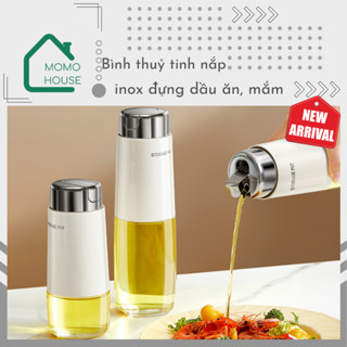Bình Đựng Dầu Ăn Cao Cấp Borosilicate Nắp Inox Sang Trọng, Tự Động Đóng Mở Nắp Khi Rót, Chai Thuỷ Tinh Đựng Dầu Ăn, Mắm