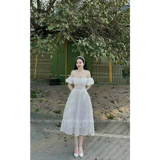 Đầm thời trang nữ mặc đi dự tiệc chất liệu xô bông trễ vai 2 dây ôm eo váy xếp lịch lãm