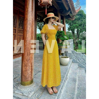 *Đầm hở lưng thời trang nữ mặc đi dạo biển chất liệu Xốp Chỉ cổ vuôn tay phồng lưng hở chít dây Đầm dài Maxi