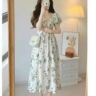 *Đầm Hoa MockinG thân sau thời trang nữ mặc đi dự tiệc chất liệu Lụa Ý cổ vuông tay phồng ôm eo váy xếp ly maxi