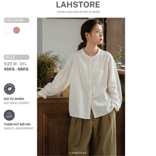 Áo sơ mi nữ form rộng tay dài LAHSTORE vải đũi cổ tàu trẻ trung ASM23 (Trắng)