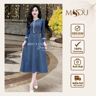 Váy Công Sở MDU3881 Chất Nhung Hàn Phối Ren Gam Màu Xanh Than Dáng Xòe Cuốn Hút Từ MDU K51-D2-3
