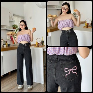 ( Suông dưới m58) Quần Jeans Nữ , Quần Bò Nữ Cạp Cao Có Thêu Nơ Xinh Xắn Chất Jeans QCCC lanvyshop MS 205