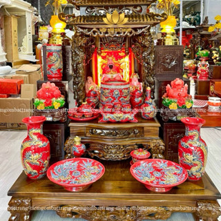  Bộ thờ cúng men đỏ nổi - đồ thờ cúng gia tiên thổ công bàn thờ thần tài gốm sứ Bát Tràng 