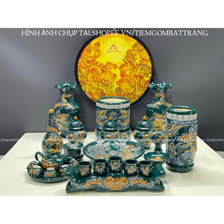  Bộ thờ cúng men xanh nổi - đồ thờ cúng gia tiên thổ công bàn thờ thần tài gốm sứ Bát Tràng 