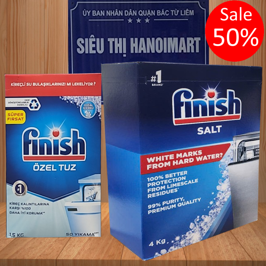 Muối rửa bát chén finish Đức EU 1,2kg, 2kg 4kg, Muối làm mềm nước finish, Muối rửa chén ly finish 1.