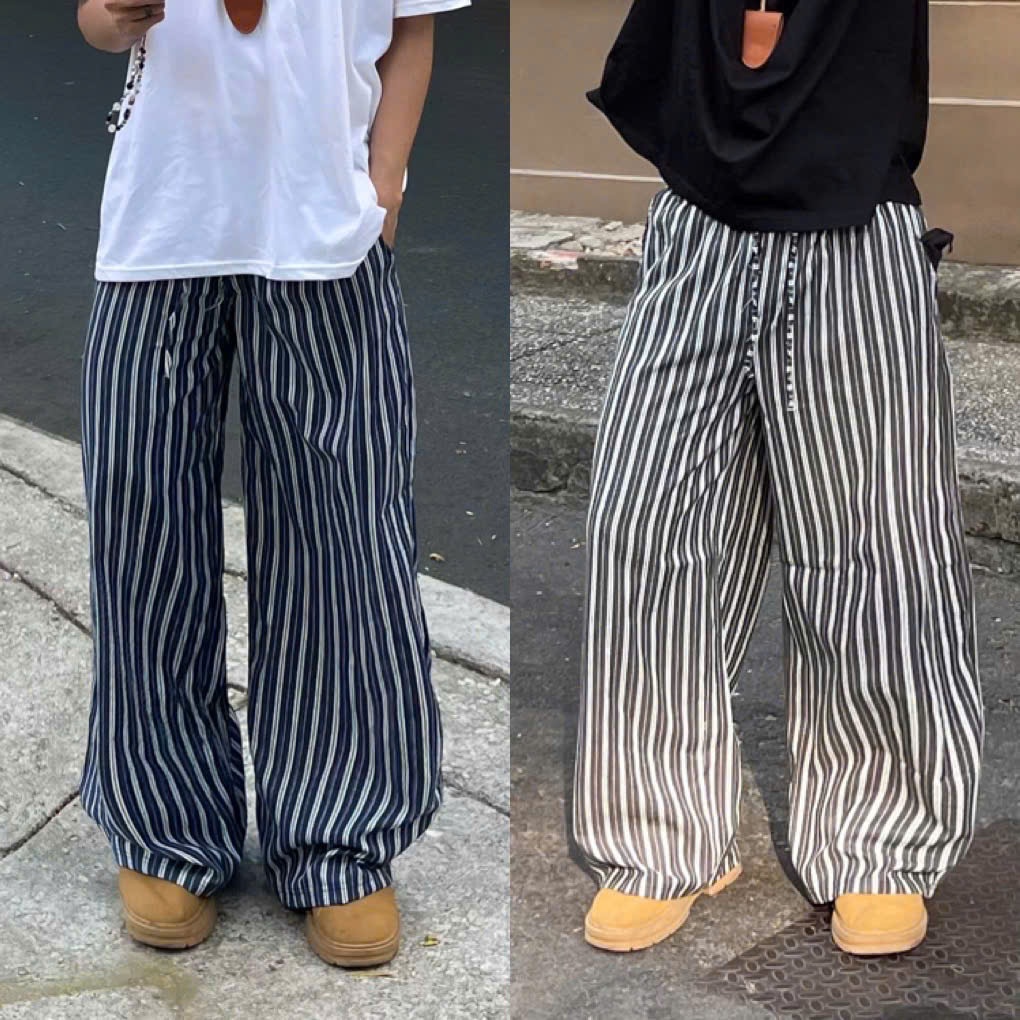 Quần jean lưng thun dài Nam Kẻ Sọc ống rộng lưng chun vải jeans chống nhăn dáng suông  FAFIC STUDIO