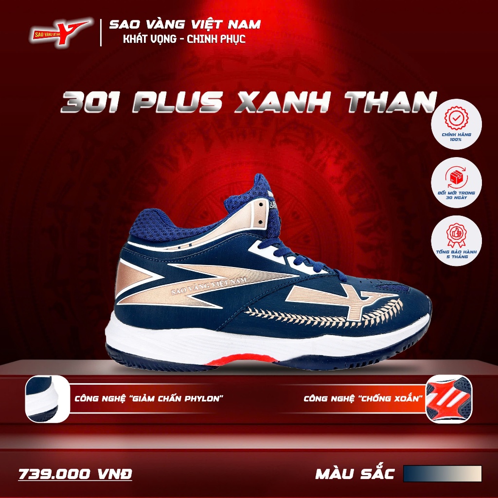 Giày Bóng chuyền Sao vàng 301 Plus Xanh Than - Giày thể thao