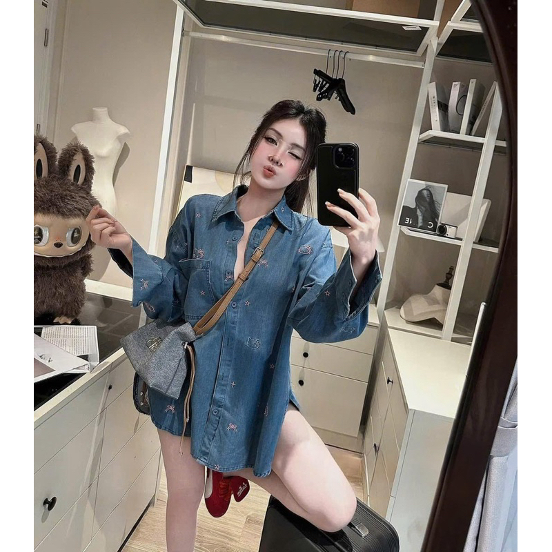[Về Sẵn] Áo Jean Suông Nơ Hellokity QC