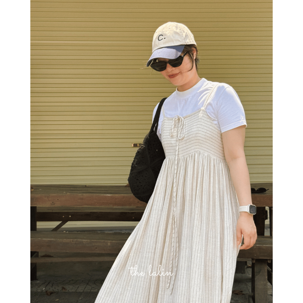 Đầm linen sọc kem hai dây dáng xòe thắt nơ bồng bềnh Jade Dress - The Lalin