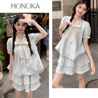 Set đồ nữ Áo sơ mi babydoll kẻ xanh phối ren tay bồng cộc+ Chân váy đầm ngắn nhiều tầng bèo có quần bảo hộ vintage T771G