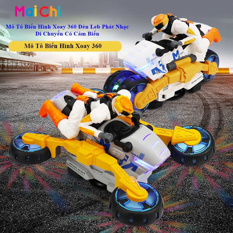 Xe Mô Tô Biến Hình Xoay 360 Đèn Leb Phát Nhạc, Di Chuyển Có Cảm Biến ,Quà tặng Cho Bé Trai