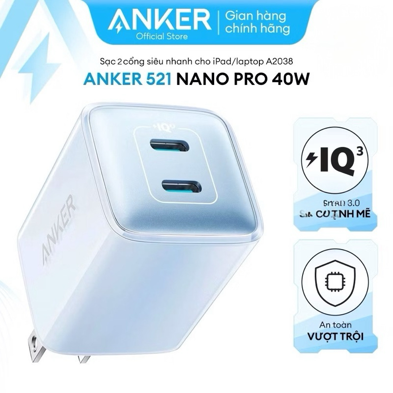 Củ Sạc Anker A2038 NanoPro 521 40w hàng Mỹ 2 Cổng PD/PPS/QC3.0 Sạc nhanh mọi thiết bị