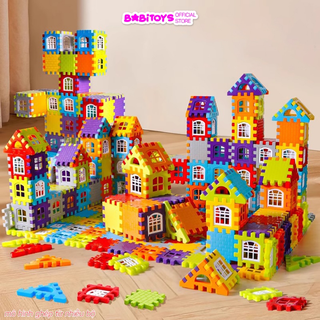 Bộ đồ chơi lắp ghép nhà 3d khối xây dựng 150 chi tiết có cửa sổ, đồ chơi xếp hình xây dựng ngôi nhà thông minh