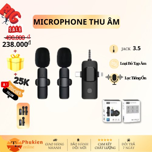 Micro Thu Âm Lọc tiếng ồn, Bluetooh Không Dây Cài Áo, pin trâu thu âm xa trên 20m