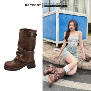 Boot nâu nữ Cổ Cao Bốt Cao Bồi Đế 6 cm Biker boots Mang Kiểu Chùng Phong Cách vintage Cực Xinh bik1