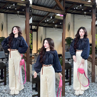 Set áo jean thắt nơ cổ kèm quần kaki cạp cao