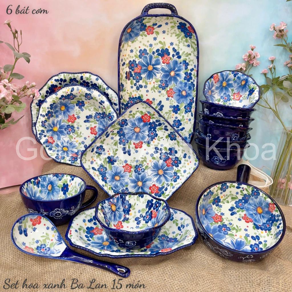 Bộ Bát Đĩa Gốm Sứ Decor, Bát Ăn Cơm, Bát Ăn Chè, Chén Dĩa Dễ Thương Bộ Thổ Cẩm Hoa Xanh cổ điển mẫu 