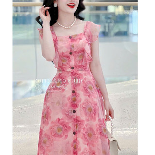 *Đầm thời trang nữ đi chơi chất voan hoa cổ vuông bèo đính nút không tay ôm eo dáng dài maxi siêu xinh