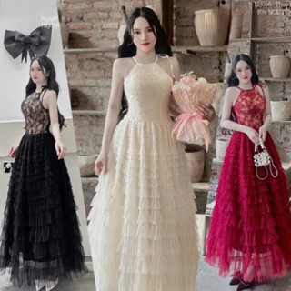  Váy nụ hồng yếm bèo đầm xếp ly đính hoa kiêu sa dáng A form chuẩn Kemi mặc dự tiệc sinh nhật cưới hỏi... 