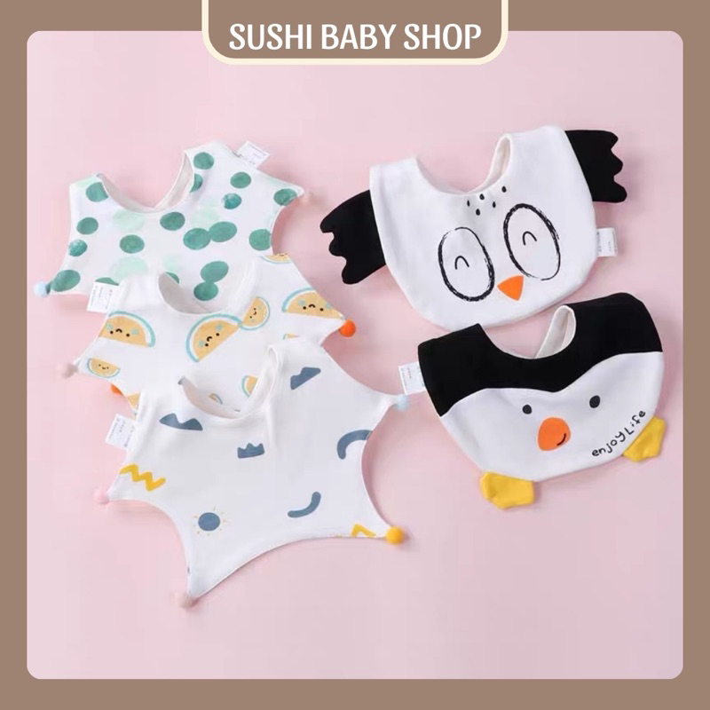 Yếm cotton cho bé SUSHI BABY SHOP yếm khuy bấm sau hình hoạ tiết con vật ngộ nghĩnh chất vải mềm mịn