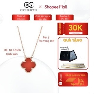Dây chuyền cỏ 4 lá màu đỏ bạc ý 925 mạ vàng 18K Dây Chuyền Đá Thiên Nhiên cao cấp