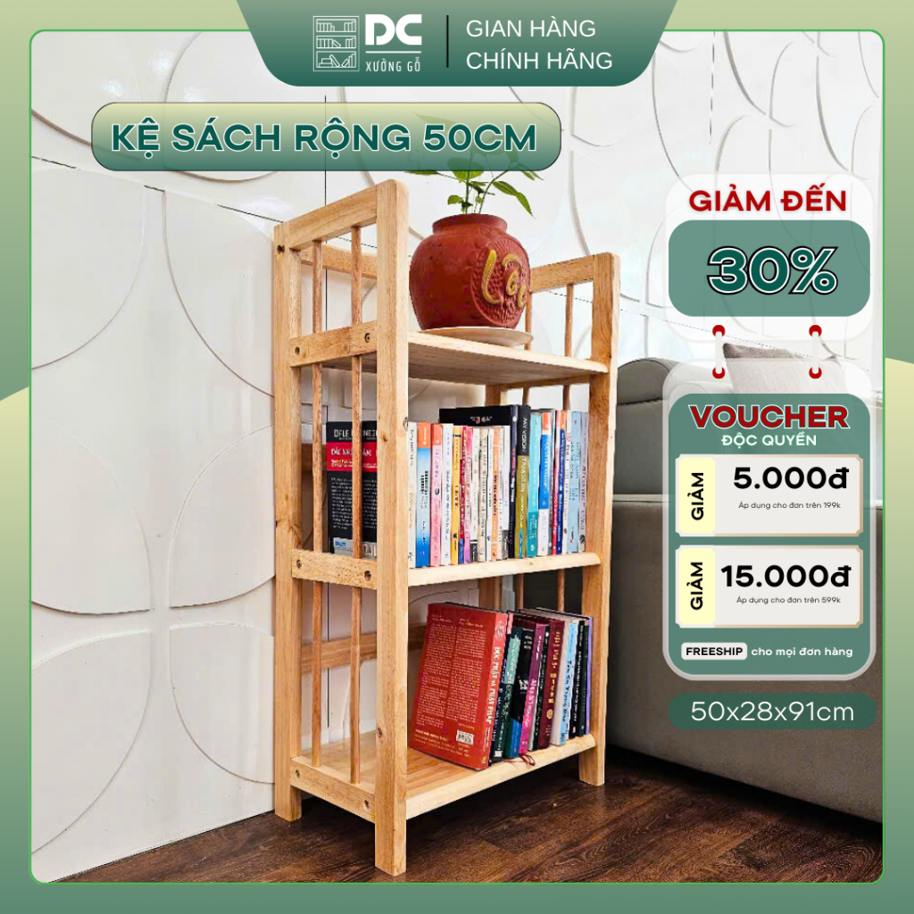 Kệ Sách Gỗ 3/4/5 Tầng Rộng 50cm, Giá Sách Gỗ Cao Su Tự Nhiên Không Mối Mọt - DC Xưởng Gỗ
