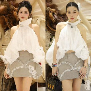 Set Áo Cổ Yếm Dáng Bí Thụng Kèm Chân Váy Ngắn Đính Hoa Đá MELLYSTORE Chất Liệu Tơ Cao Cấp Đẹp Quyến Rũ ,Sang Trọng