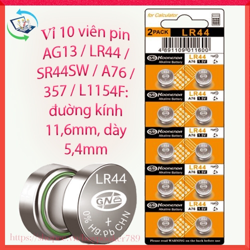 Vỉ 10 Viên Pin Cúc Áo nhỏ AG13 / LR44 / SR44SW / A76 / 357 / L1154F