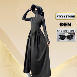 [ Áo 2 Lớp ] Áo chống nắng toàn thân dáng váy chất thun lạnh mềm mịn ,chiết eo tôn dáng có mũ rộng vành chống tia UV