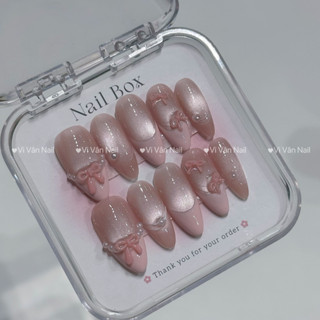  Nail box mắt mèo thạch cam nhạt phối nơ móng giả thiết kế 