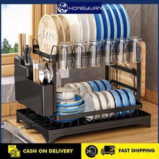 Kệ Để Chén Bát Đĩa Thép Carbon Kệ Để Đồ Nhà Bếp 2 Tầng Có Khay Hứng Nước Đa Năng Tặng Kèm