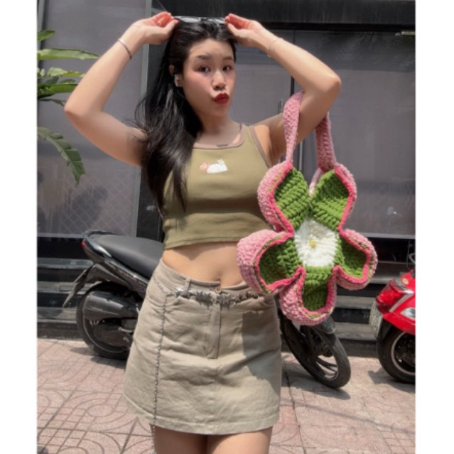 (Ảnh Thật) TÚI LEN BÔNG HOA HANDMADE, BLOOM FLOWER BAG PHỐI 2 MẶT XANH HỒNG 🌸