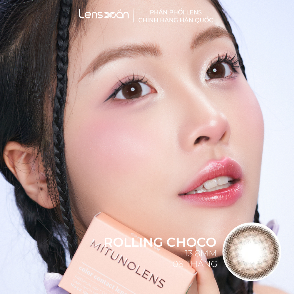 Kính áp tròng cận 6 tháng LENS XOẮN lens nâu tự nhiên trong veo 2 dải màu hiệu ứng MITUNO LENS ROLLING | BigBuy360 - bigbuy360.vn