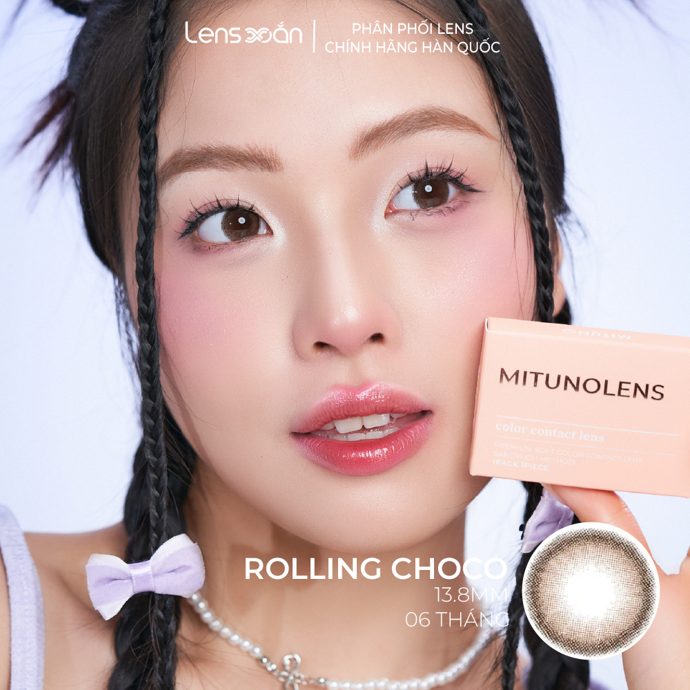 Kính áp tròng cận 6 tháng LENS XOẮN lens nâu tự nhiên trong veo 2 dải màu hiệu ứng MITUNO LENS ROLLING | BigBuy360 - bigbuy360.vn