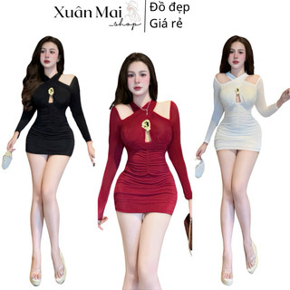 Đầm ôm body nữ form ngắn cổ chéo khoen hở ngực sẵn mút tay dài ba màu đen đỏ trắng mặc đi tiệc đi chơi