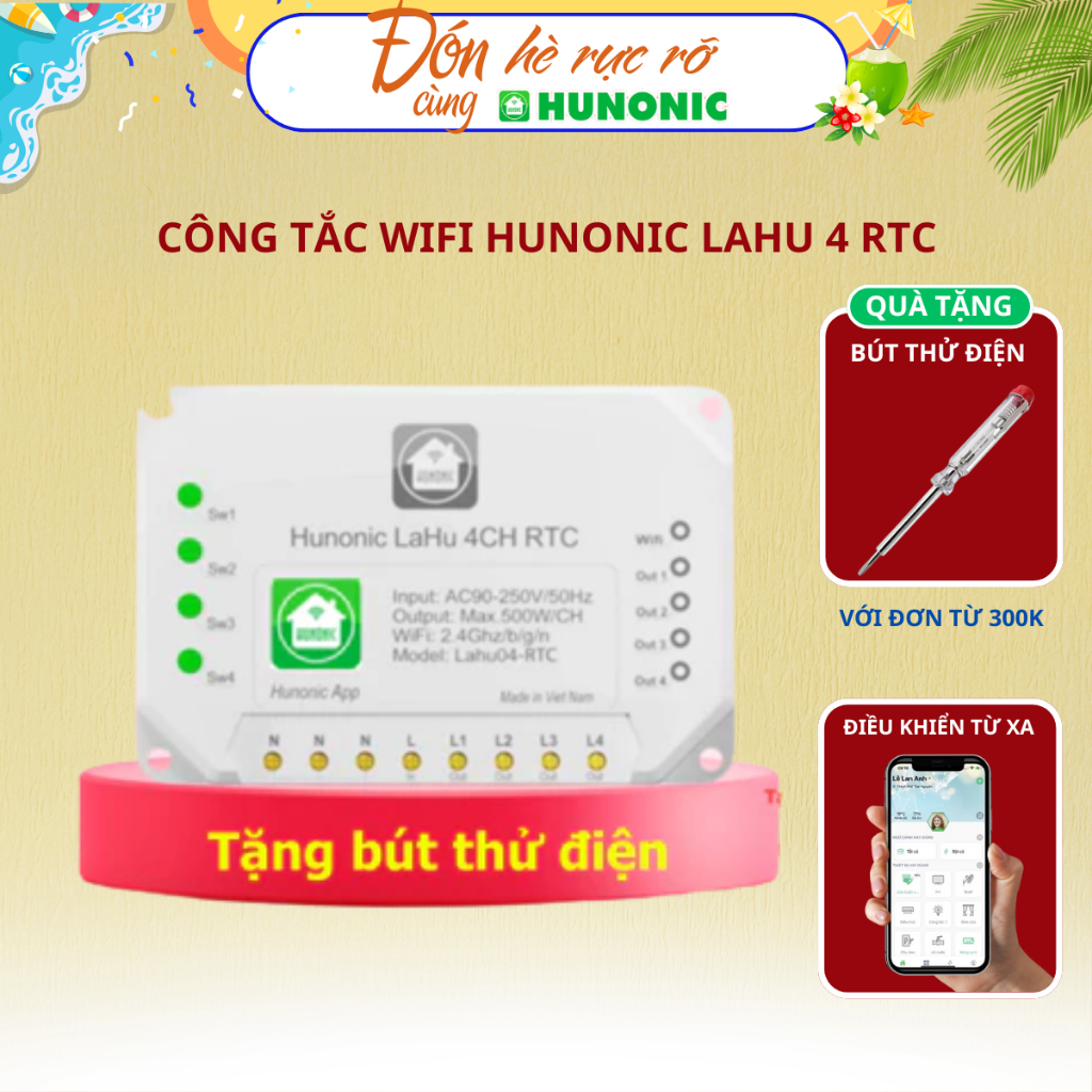 Công Tắc Wifi Hunonic Lahu 4 RTC Tích Hợp IC Thời Gian Thực Cài Đặt Bật Tắt Không Cần Internet