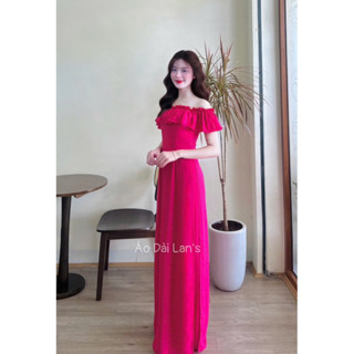  ELLY~Lan's Bộ Áo Dài cổ hở  BẸT VAI gợi cảm dễ thương kèm quần lụa sang trọng.  Nhiều  Màu   