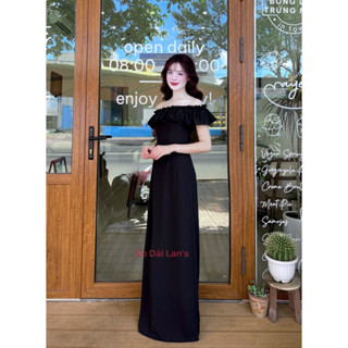  ELLY~Lan's Bộ Áo Dài cổ hở Màu Đen lễ tân Bẹt vai gợi cảm lụa Tằm Ý kèm quần sang trọng 