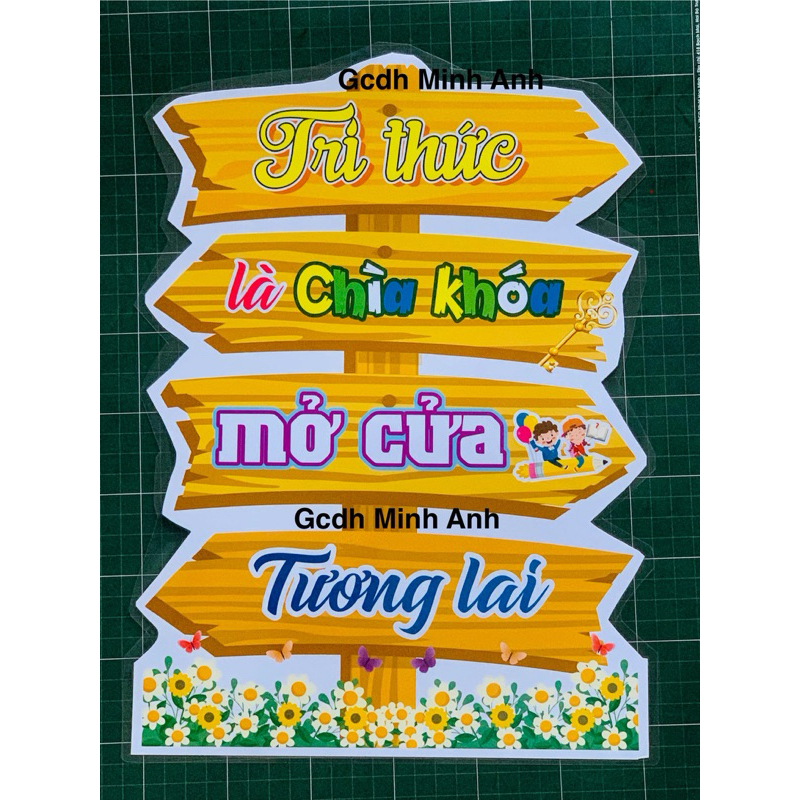 Slogan Tri thức dùng trang trí lớp học đã ép plastic sẵn miếng dán tường
