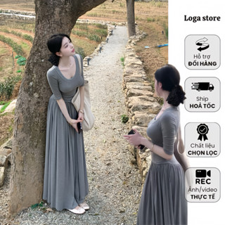 Váy thun ladong tay lỡ dáng dài, đầm thun co dãn dáng xoè đen xám Logastore_L208