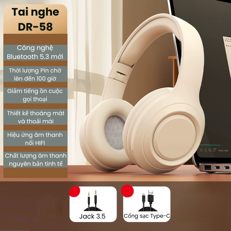 Tai Nghe Bluetooth Chụp Tai DR58 - Âm Thanh Hay, Chống Ồn, Sạc Type-C, Pin Trâu, Gấp Gọn