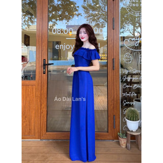  ELLY~Lan's Bộ Áo Dài Màu Xanh Bích cổ hở BẸT VAI gợi cảm Lễ Tân vải lụa Tằm Ý mềm mại kèm quần sang trọng 