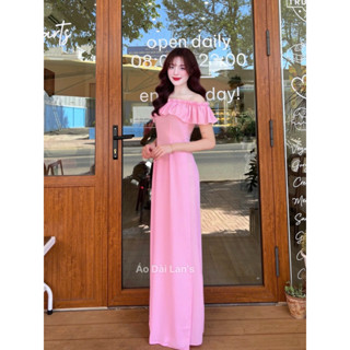 ELLY~Lan's Bộ Áo Dài Màu Hồng Phấn cổ hở Bẹt Vai Bèo Nhún Gợi Cảm Dễ Thương Kèm Quần sang trọng