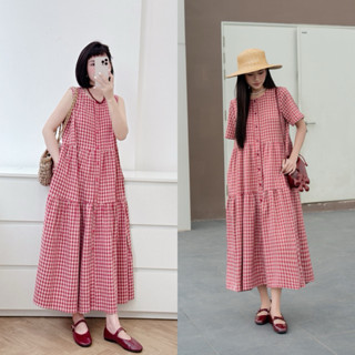 PETBYCHANG - Váy babydoll kẻ đỏ dáng dài có 2 phiên bản sát nách và có tay.